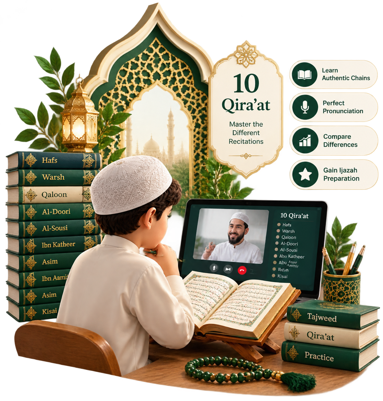 Advanced student studying canonical Quranic readings during an online lesson