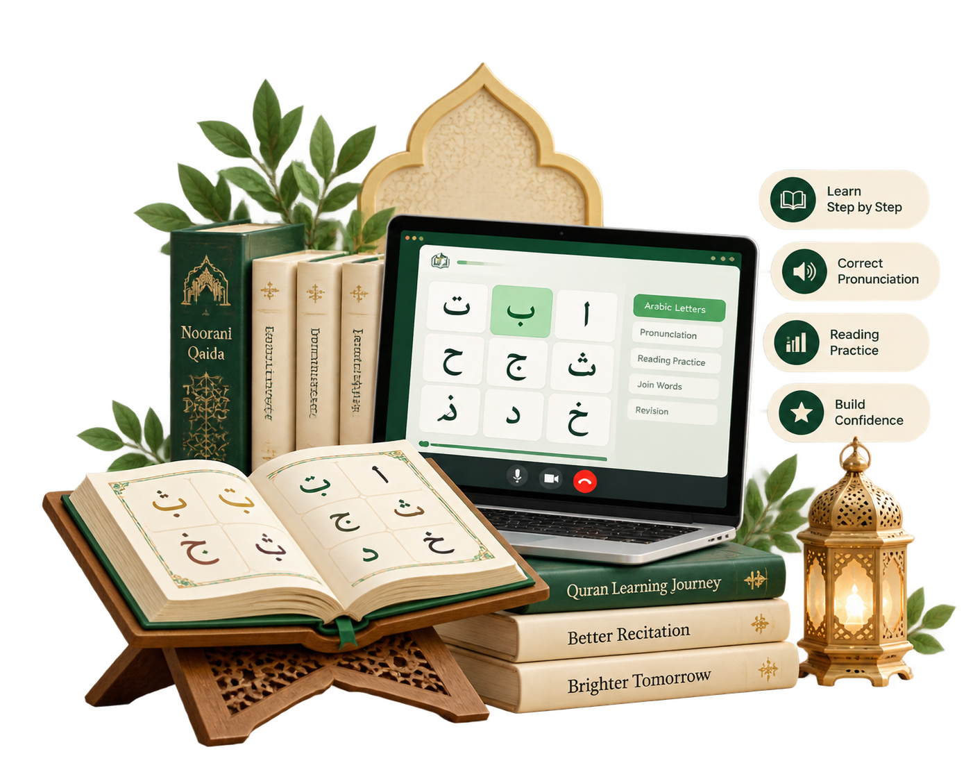 Beginner practising Arabic letters during an online Noorani Qaida lesson