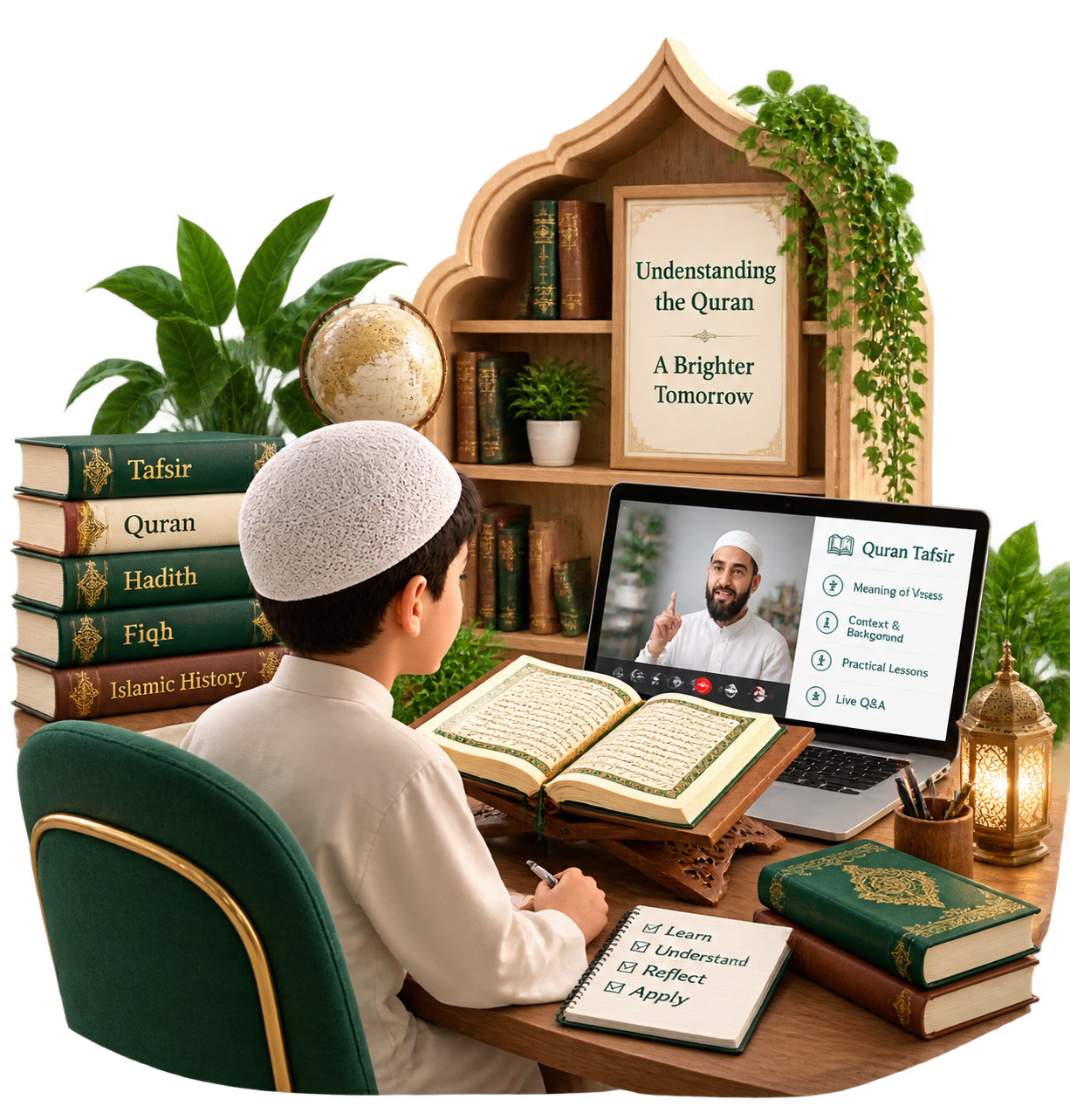 Student attending a guided online Quran Tafsir lesson with Al Hussam