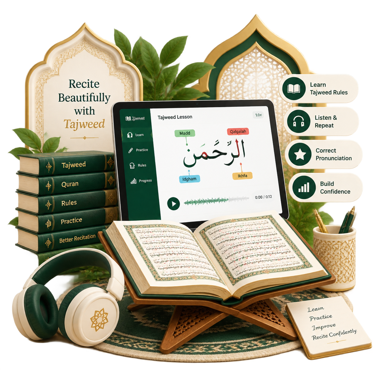 Student practising Quran reading with Tajweed during an online lesson